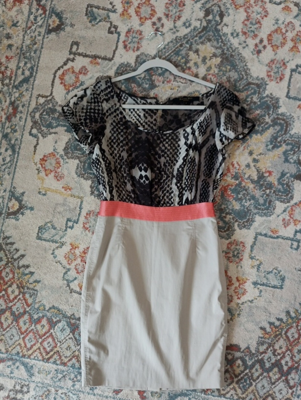 Rachel Roy Snake-Print Cap Sleeve Dress with Coral Waistband Size 4